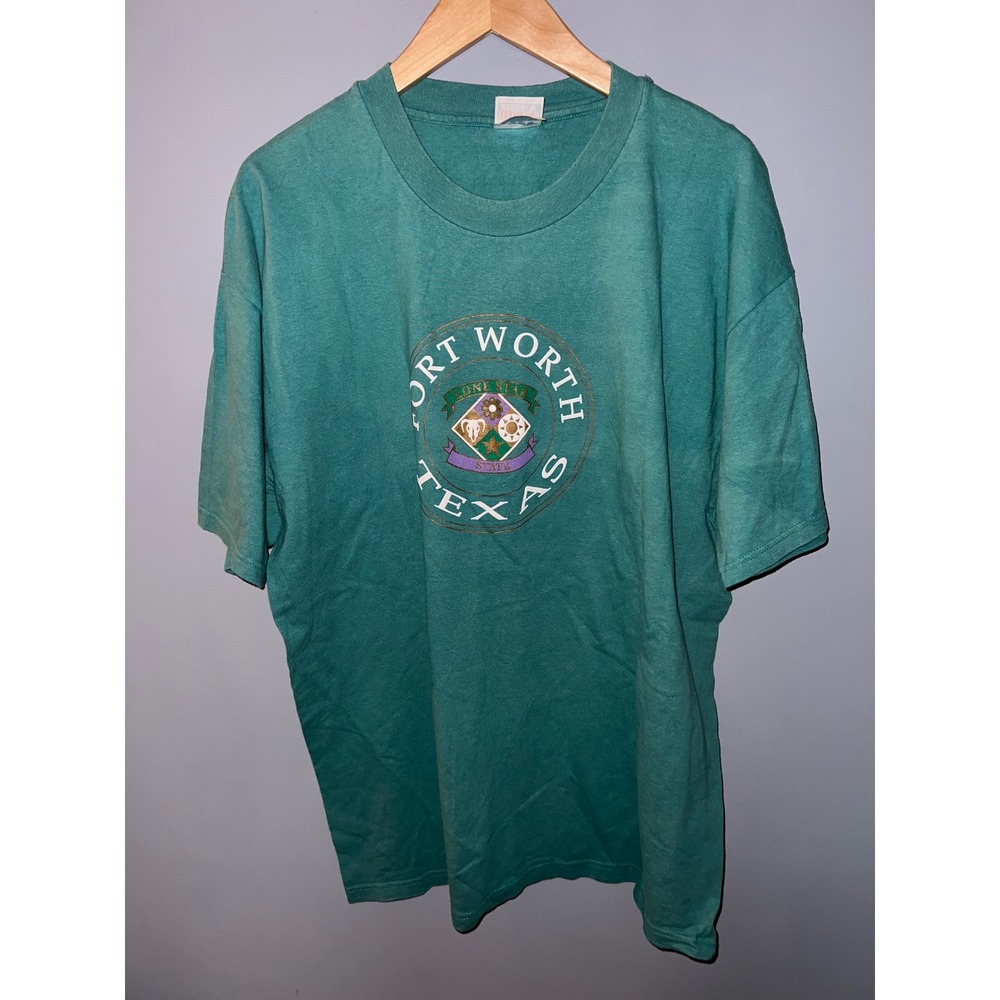 Vintage Hanes Beefy-T Fort Worth Texas Puff print T-Shirt Teal Green Mens XL 90s
